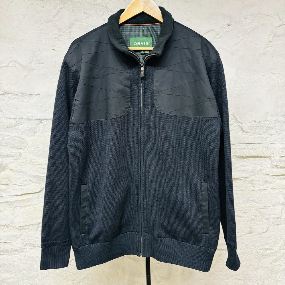 Orvis Wool Black Full Zip Lined Windproof Full Zip Sweater Shoulder Patches